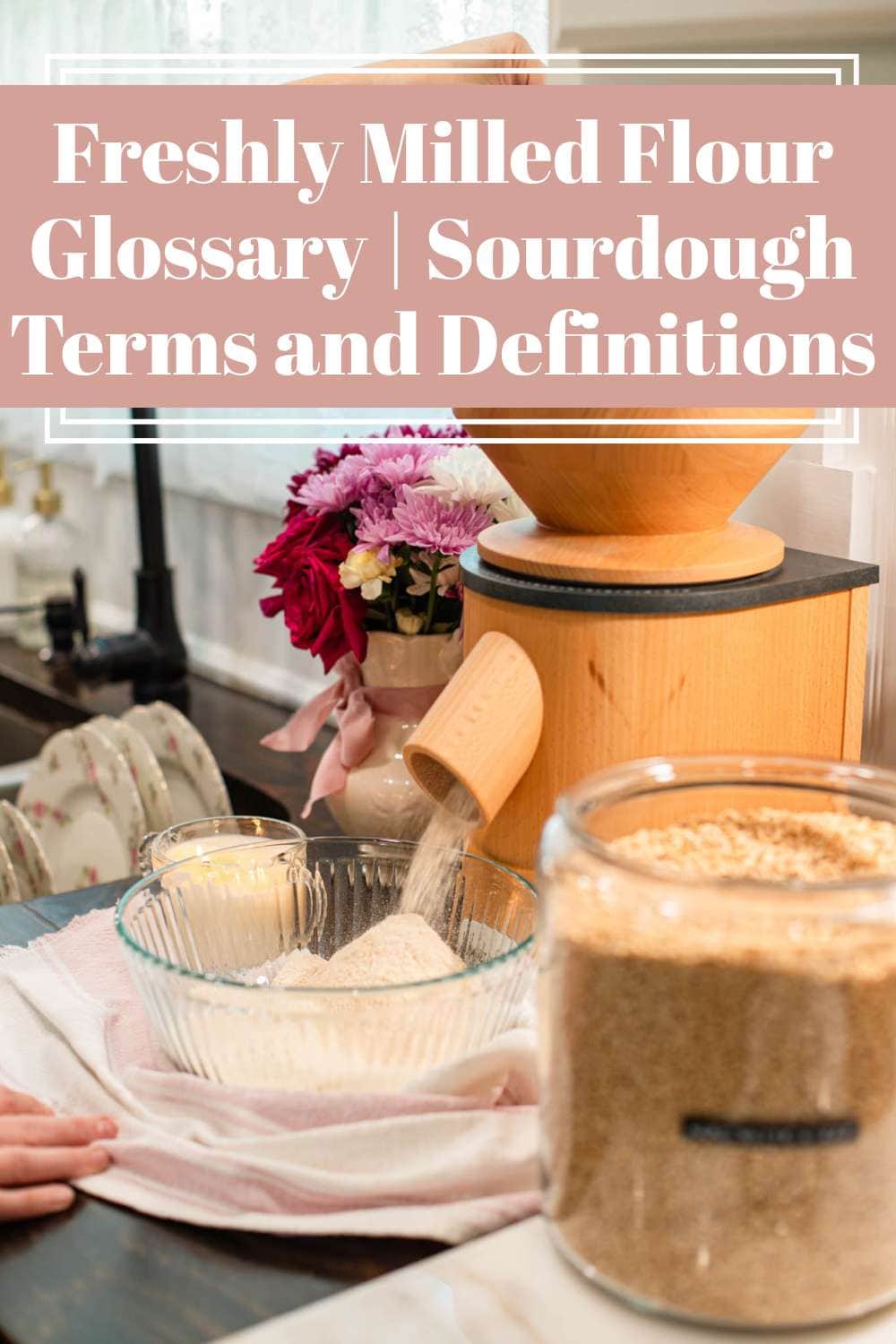 Grain mill dispensing flour into glass bowl in cozy cottage kitchen, design with text about freshly milled flour glossary and sourdough terms